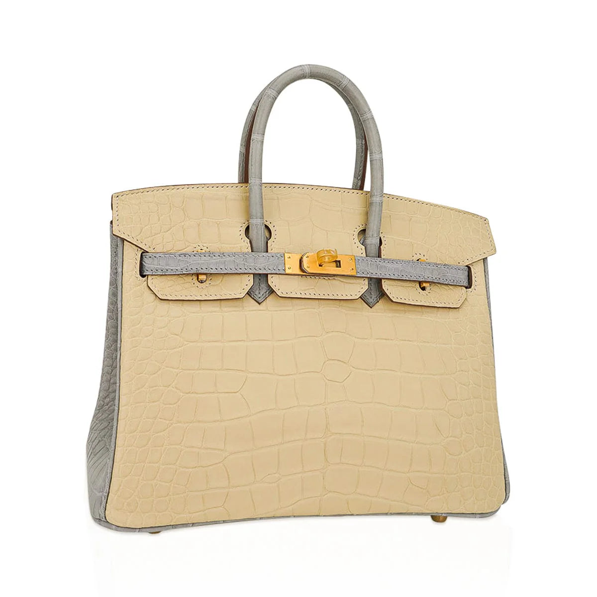 Special Order HSS Birkin 25 Bag in Matte Alligator Vanille and Gris Pearl Alligator with Brushed Gold Hardware