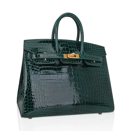 Birkin 25 Bag Sellier Vert Fonce Porosus Crocodile Bag with Gold Hardware