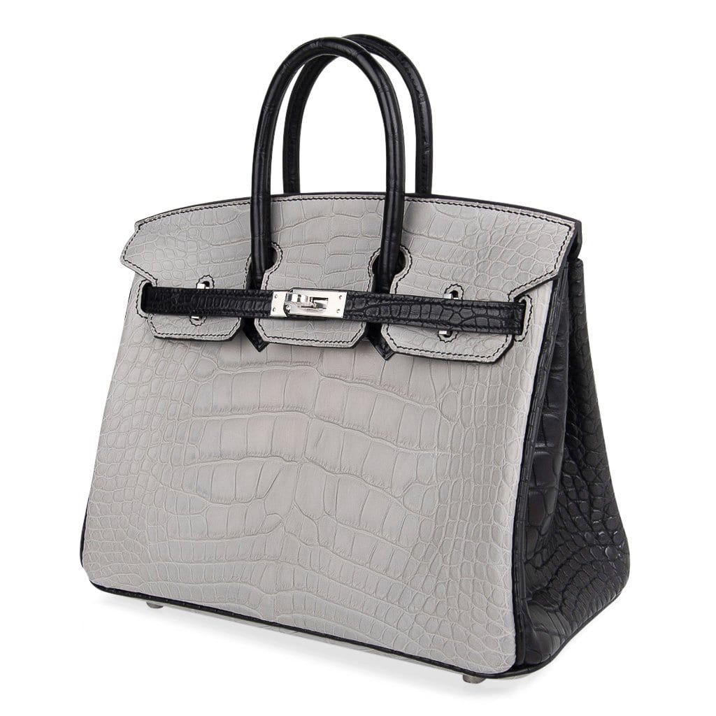 Birkin 25 HSS Bag Gris Perle / Black Matte Alligator Palladium Hardware