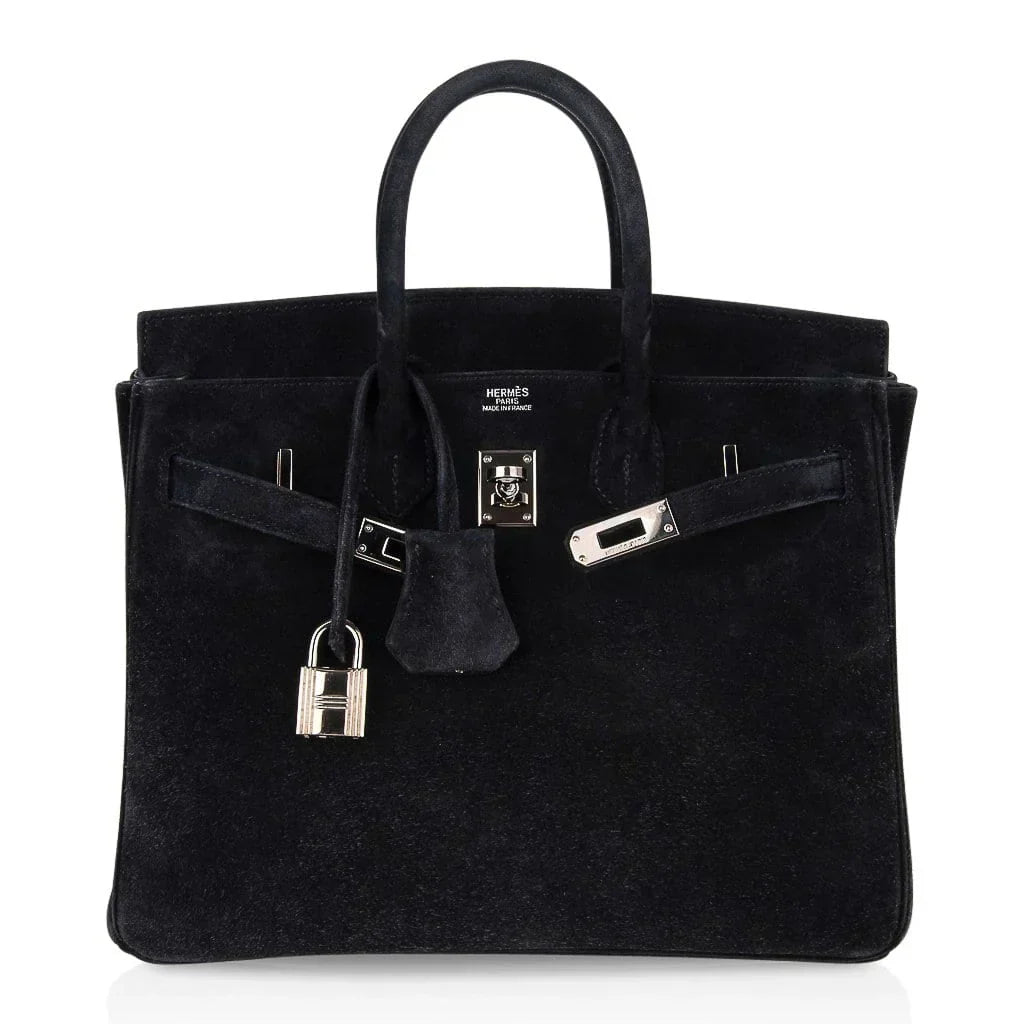 Birkin 25 Bag Black Doblis Suede with Palladium Hardware