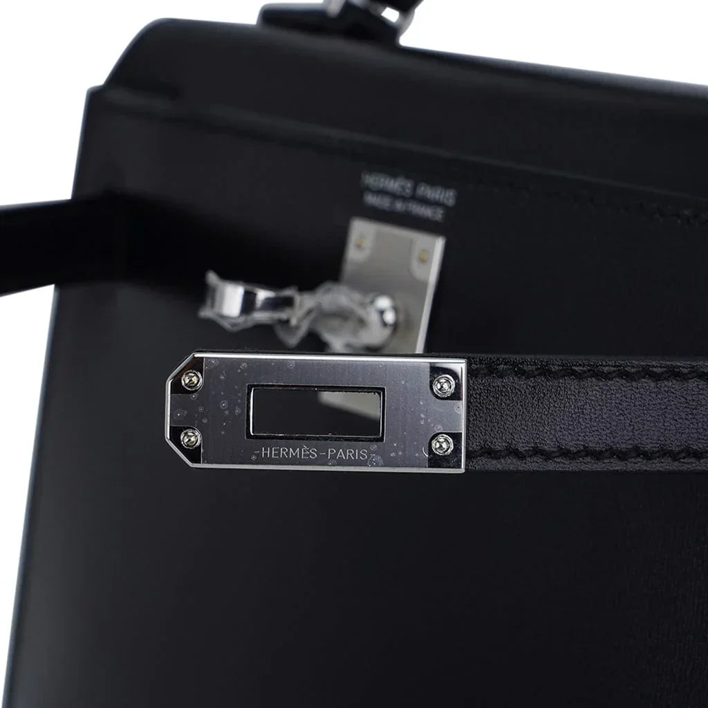 Kelly 20 Sellier Black Box Leather Mini Bag Palladium Hardware