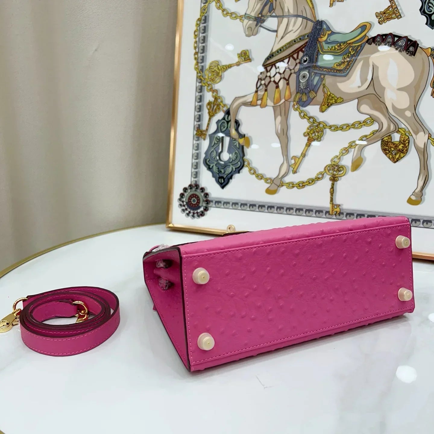 Kelly Sellier 25 Rose Pourpre and Gris Agate Ostrich Brushed Gold Hardware